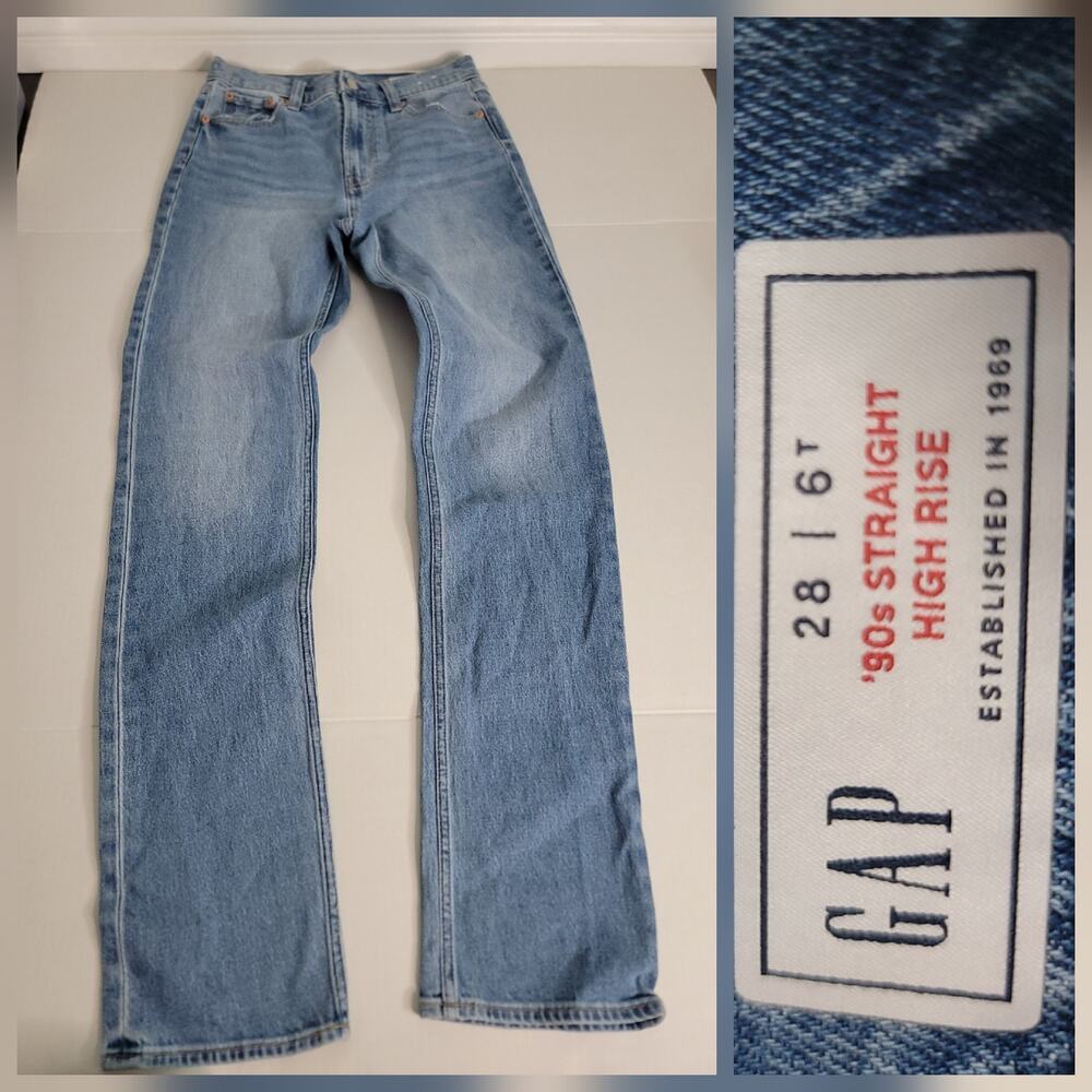 GAP Jeans Sz 28 6T Womens 90's High Rise Straight Medium Indigo Stretch 35" Ins